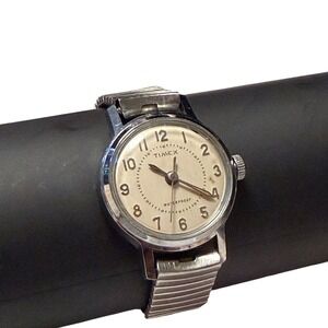 Vtg Timex Manual Wind Watch Silver Tone Cream Dial Expansion Band Waterproof